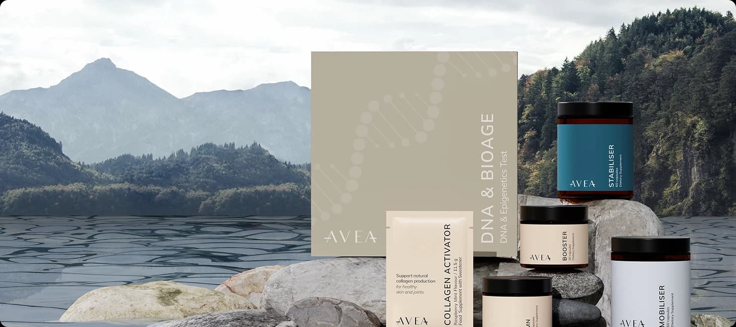 Avea Life supplement products including booster, vitaliser, and collagen activator