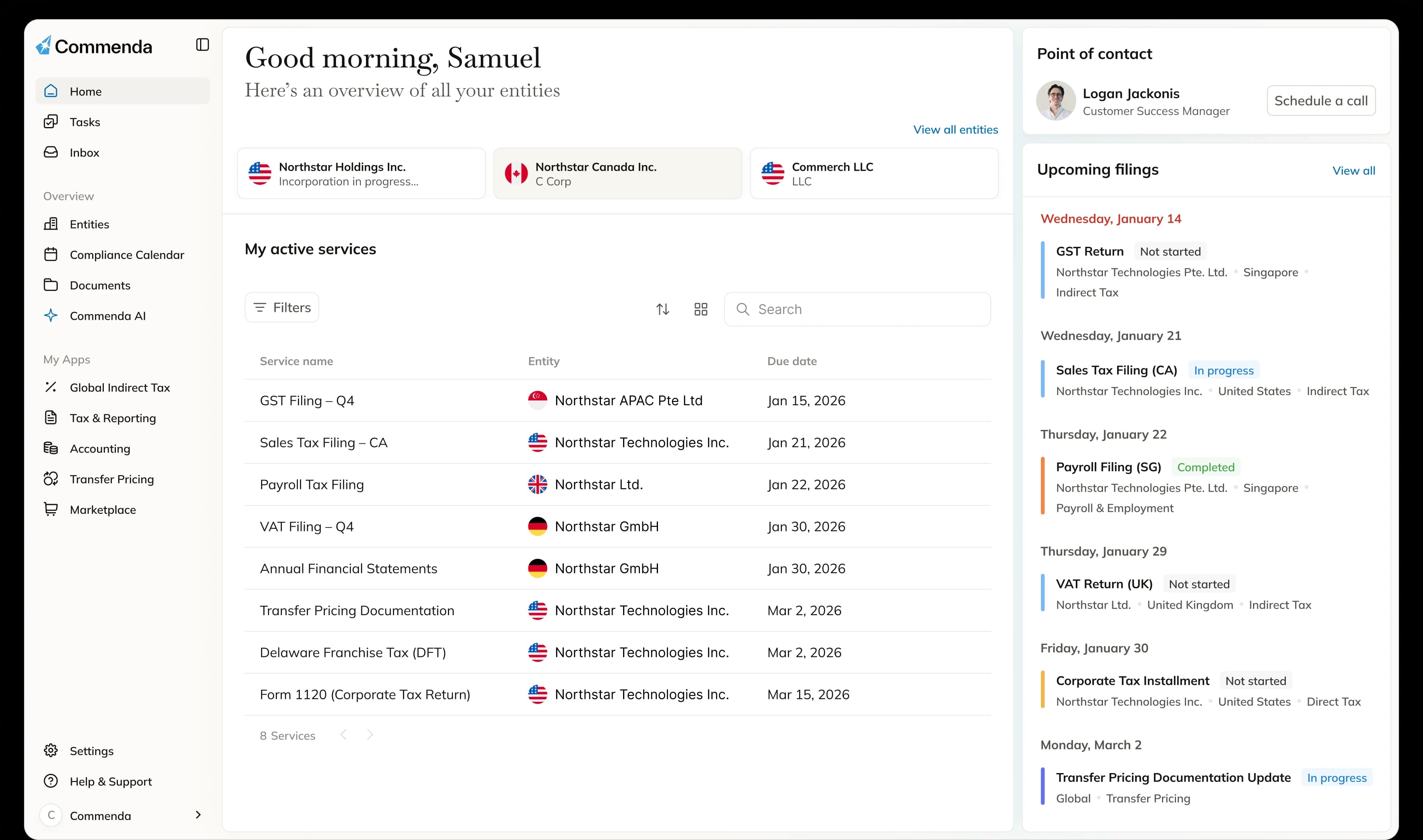 Commenda platform dashboard showing entity projects, compliance calendar, and active services