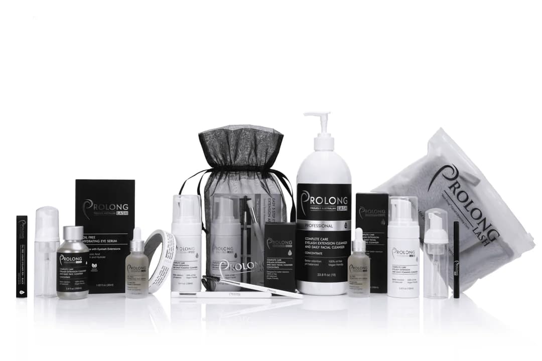 Prolong Lash product lineup — serums, cleansers, and lash care essentials in black-and-white packaging