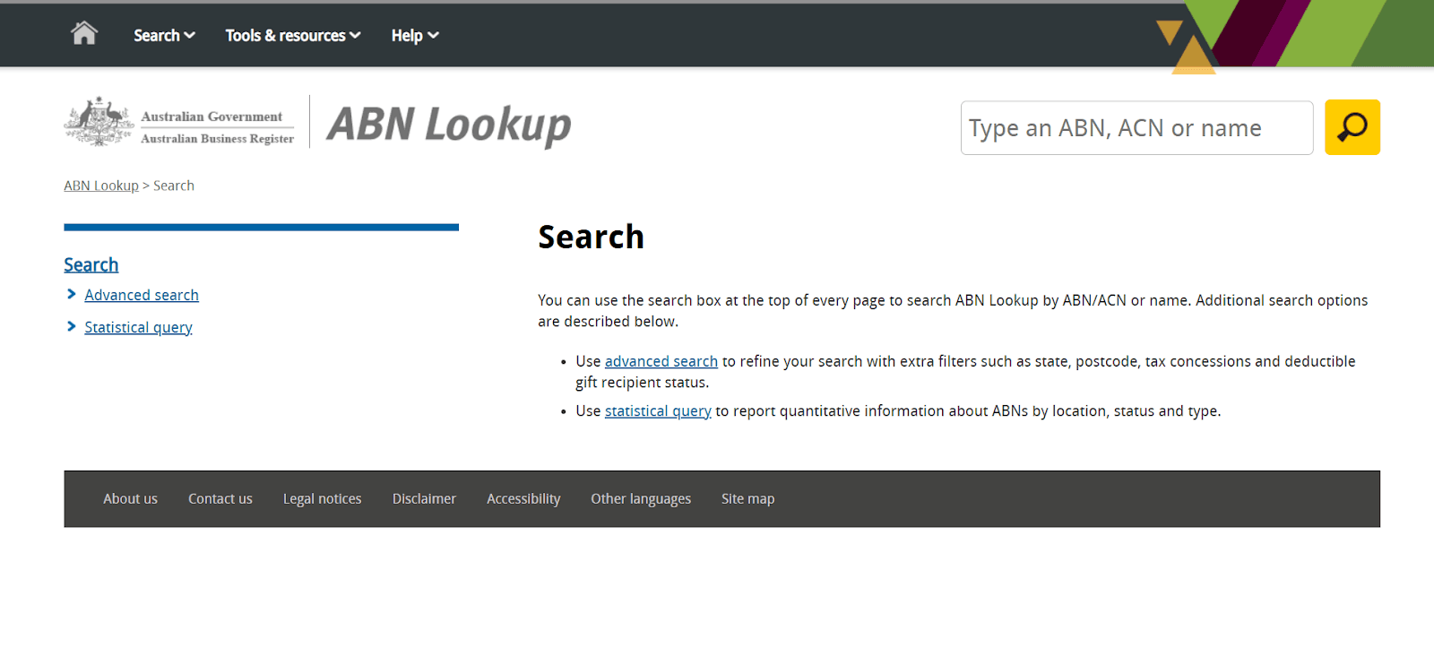 Australian Government ABN Lookup search page with options for advanced search and statistical query.