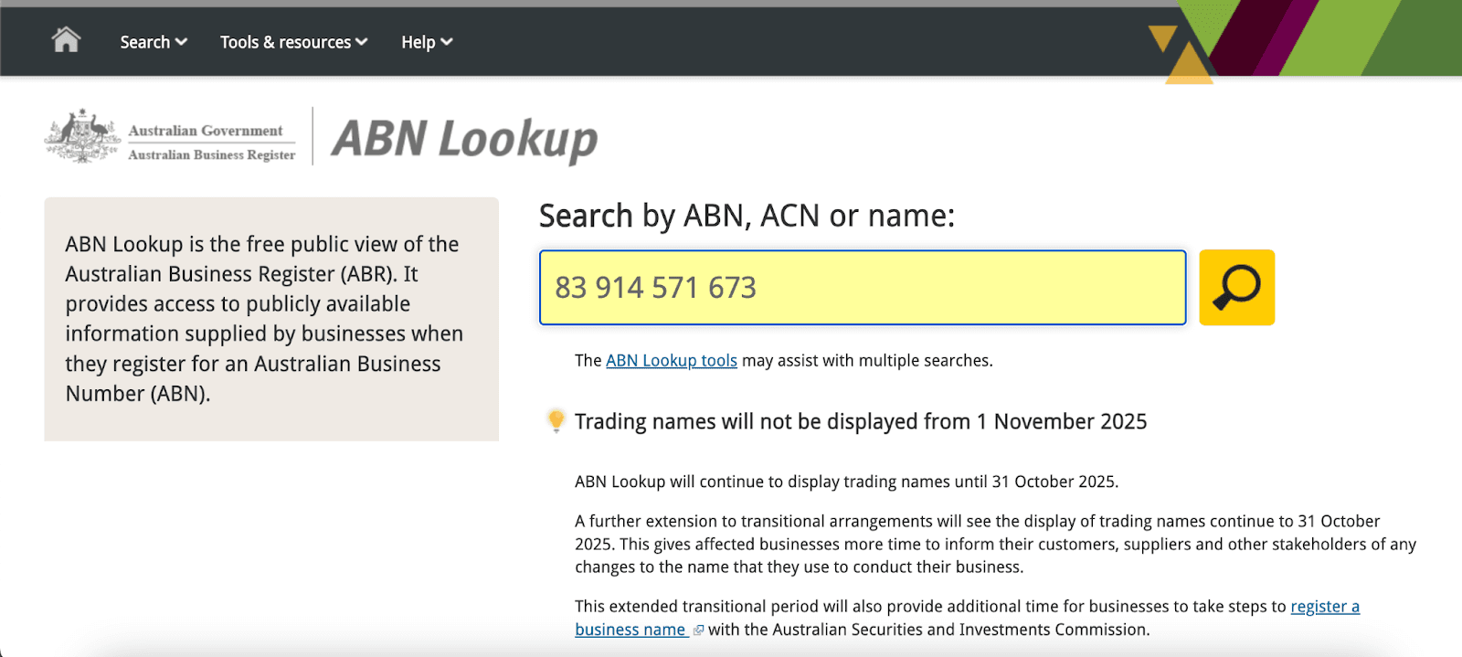ABN Lookup webpage showing a search for ABN 83 914 571 673, with a notice about trading names ending display from 1 November 2025.