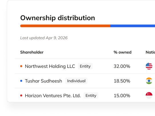 Entity ownership distribution chart with Northwest Holding LLC, Tushar Sudheesh, and Horizon Ventures
