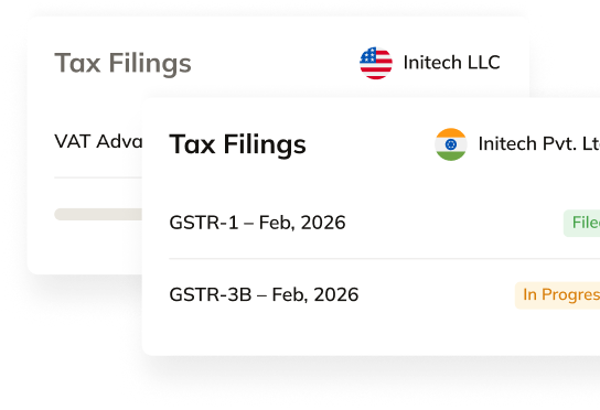 Commenda global indirect tax filings list with VAT and GST rows and status pills