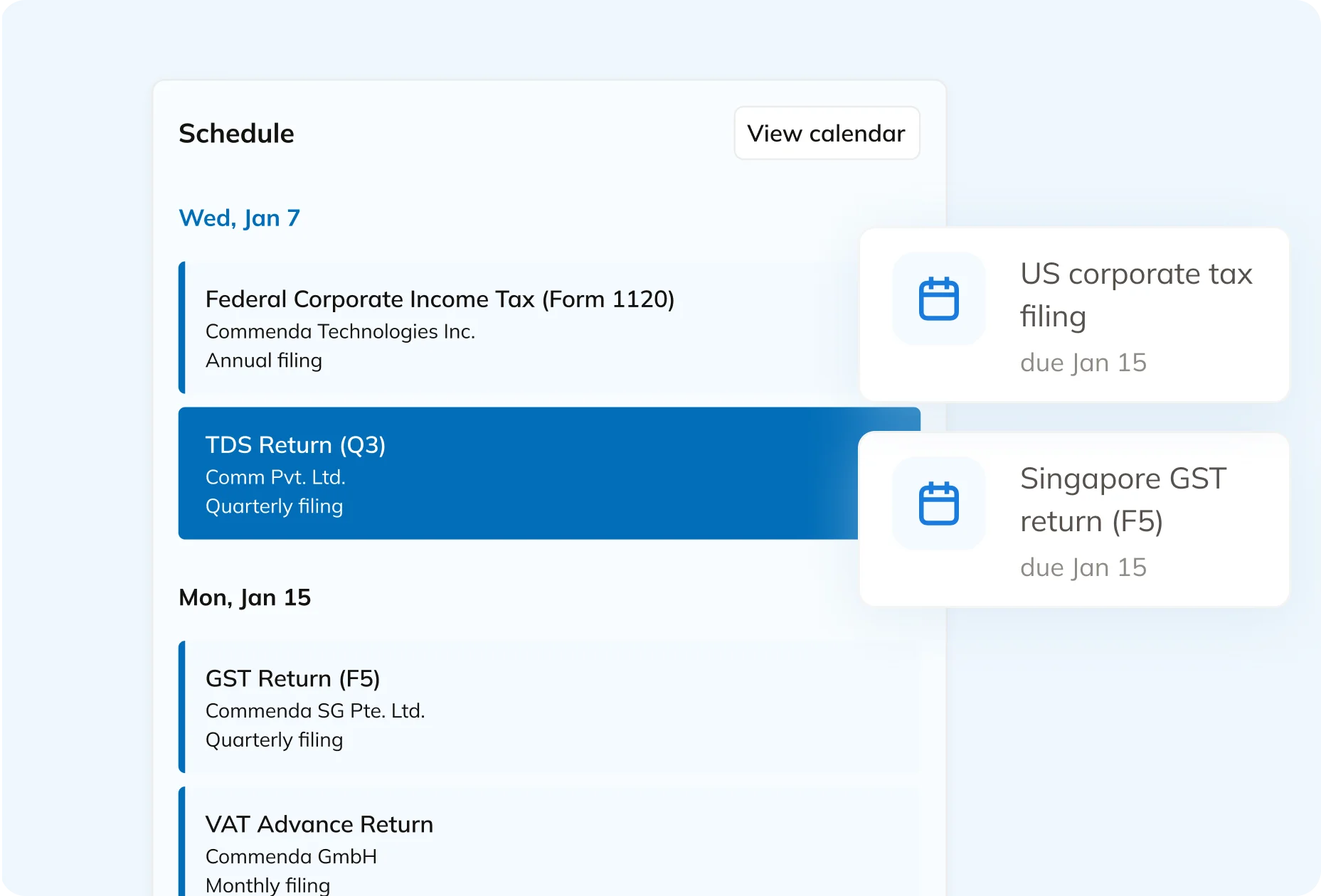 Commenda enterprise compliance calendar with automated jurisdiction tracking and deadline alerts